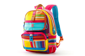 A vibrant, colorful school backpack with a playful pattern, positioned upright on a white surface, highlighting its spacious design and quality zippers.