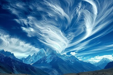 Poster - Fluffy clouds move across the sky above a grand mountain range, Dynamic clouds dancing around the towering mountains