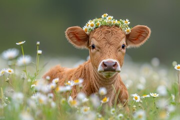 Wall Mural - A young calf wearing a crown of daisies, standing in a green meadow. The calf is looking curiously at the camera