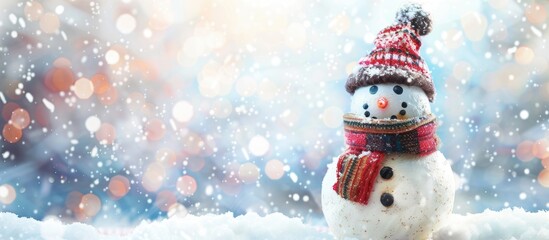 Aufkleber - Greeting card showing a jolly snowman with a unique hat and scarf on a snowy backdrop Copy space image included