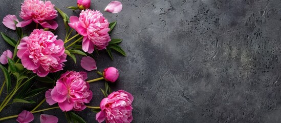 Leinwandbilder - Pink peony flowers displayed elegantly on a stone background with ample copy space image