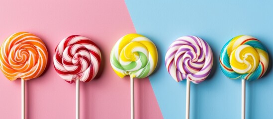 Poster - Various vibrant spiral lollipops set against colorful backdrops with copy space image