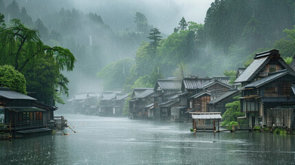 Wall Mural - Scenic floating village with houses on a calm lake, reflecting the mountains and sky