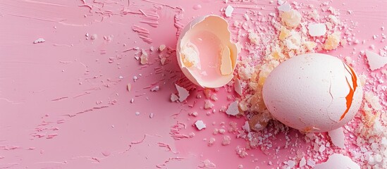 Poster - Close up cracked egg on a pink backdrop with copy space image Ideal for Easter showing a smashed egg