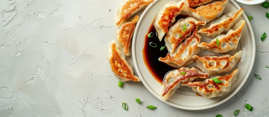 Poster - Top view of fried gyoza dumplings with soy sauce and onion on a light gray background with space for text or other elements within the image. with copy space image. Place for adding text or design