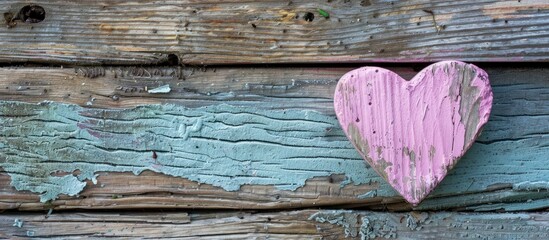 Poster - Heart shape in pink set against a rustic wooden background with copy space image