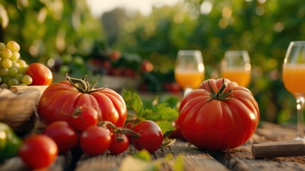 An assortment of tomatoes on a wooden surface, with a scenic outdoor background of green foliage and soft sunlight, accompanied by glasses of orange beverages, evoking a fresh and vibrant feel.