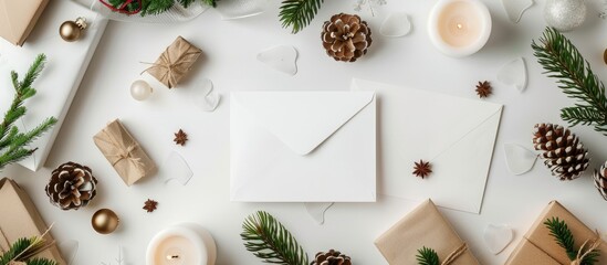 Aufkleber - White background with a collection of items like envelopes a blank card a Christmas wreath candles fir branches and decorations ideal for a copy space image