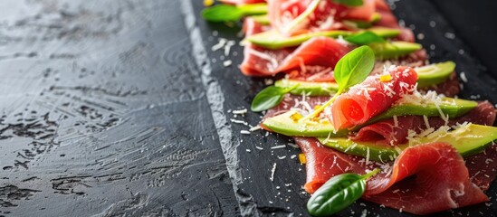 Fototapete - Healthy diet food featuring sliced beef and avocado topped with grated cheese displayed in a tempting manner with an appealing copy space image