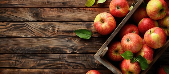 Poster - Top down view of a wooden crate with fresh juicy apples on a table offering room for text in the empty area beside the image. with copy space image. Place for adding text or design