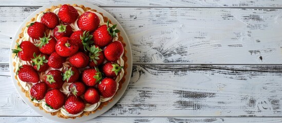 Poster - A summer dessert featuring a strawberry vanilla sponge cake or pie displayed on a white wooden surface adorned with fresh strawberries allowing for copy space image