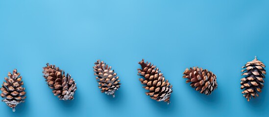 Aufkleber - Trendy blue background with six pine cones as Christmas tree decoration providing copy space image
