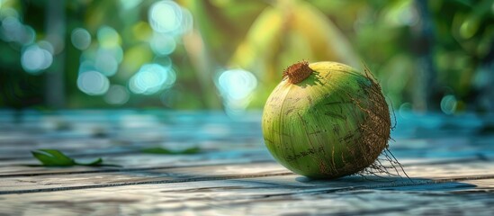 Fototapete - A green coconut on a wooden surface with blurred background allowing room for text or other elements in the image. with copy space image. Place for adding text or design