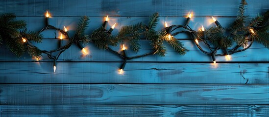 Poster - Top view of Christmas garland lights on a blue wooden background with a designated area for adding text creating a copy space image