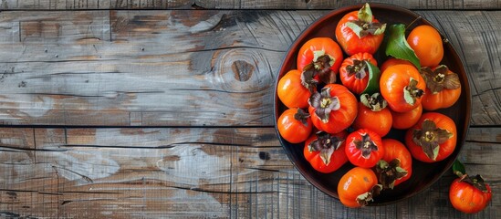 Leinwandbilder - Bowl of autumn persimmons on wooden table backdrop with dark rustic style ideal for a natural remedy Includes copy space image