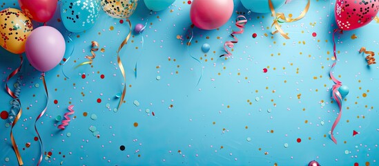 Top view of a birthday or party themed image with balloons confetti and ribbons on a blue background suitable for a copy space image