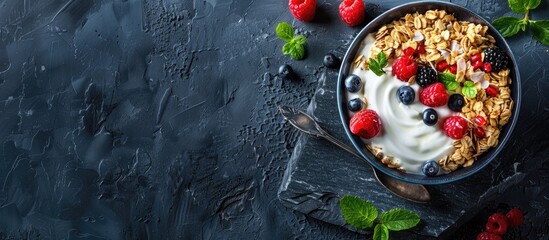 Granola bowl with yogurt assorted toppings on stone backdrop in top view ideal for a delectable and nutritious meal with a copy space image