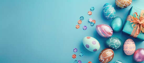 Aufkleber - A variety of colorful Easter eggs adorned with sequins along with a present displayed on a blue surface seen from the top with available space for text or images. with copy space image