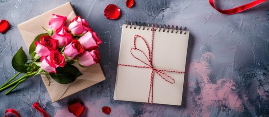 Leinwandbilder - Colorful background with rose flowers and a present on an empty notebook providing copy space image