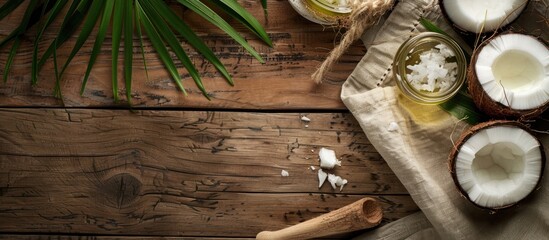Poster - Coconut and coconut oil placed on a rustic wooden surface with focus on the products Ideal for natural spa items with space for text in a flat lay copy space image