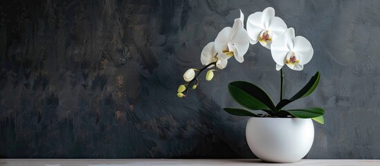 Poster - Orchid in a simple pot placed on a table with available copy space image