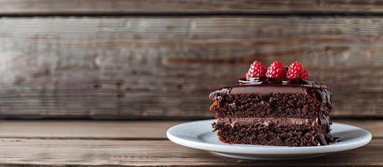 Fototapete - Chocolate cake on a white plate against a wooden backdrop perfect for a copy space image