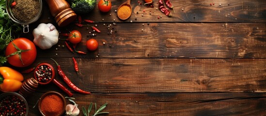 Poster - Cooking products veggies and spices on a wooden plank with copy space image for text on a food background