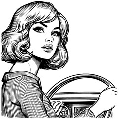 Wall Mural - stylish woman driving a car, capturing a retro and elegant vibe sketch engraving generative ai fictional character PNG illustration. Scratch board imitation. Black and white image.