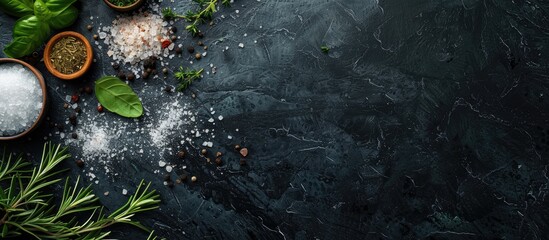 Leinwandbilder - Top view of a dark stone table with salt and herbs creating a food cooking background perfect for a copy space image