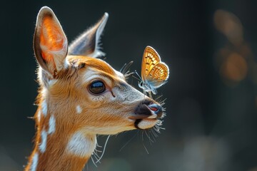 A young deer with a small butterfly perched on its nose, standing in a forest clearing. The deer's eyes are wide with surprise