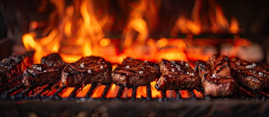 Aufkleber - A fire with open flames is roaring in the grill creating the perfect setup for searing meat with a copy space image available