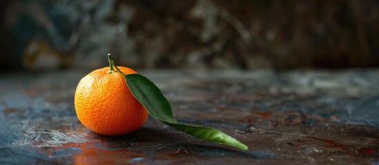 Leinwandbilder - A single ripe tangerine with a leaf on a dark backdrop providing copy space image