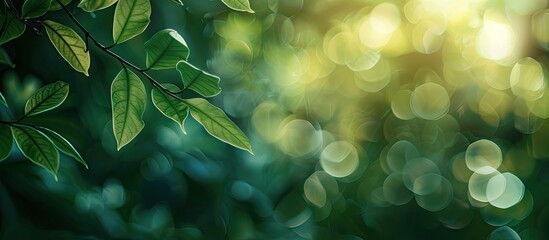 Poster - Blurry green garden background with tropical leaf providing copy space image