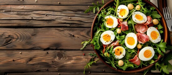 Aufkleber - Delicious salad with boiled eggs and jamon on brown wooden background with copy space image