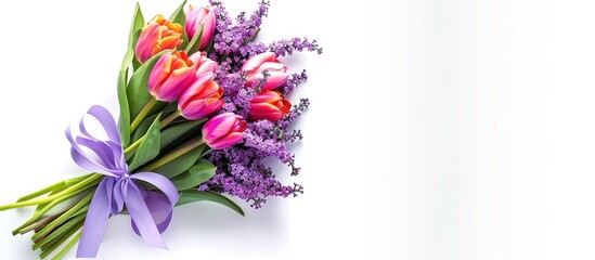 Leinwandbilder - A bouquet of tulips and lilac flowers with a ribbon and cyan blue label isolated on a white background from a top view Ideal for a delivery gift concept with available copy space image