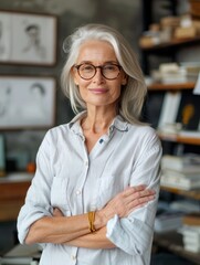 A woman wearing glasses stands in front of a bookshelf filled with books