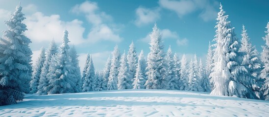 Poster - Snow covered trees in a winter landscape provide a picturesque scene with copy space image