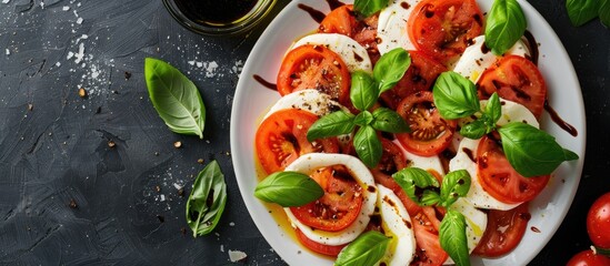 Wall Mural - Top view of Italian caprese salad featuring sliced tomatoes mozzarella cheese basil olive oil and balsamic vinegar with copy space image available