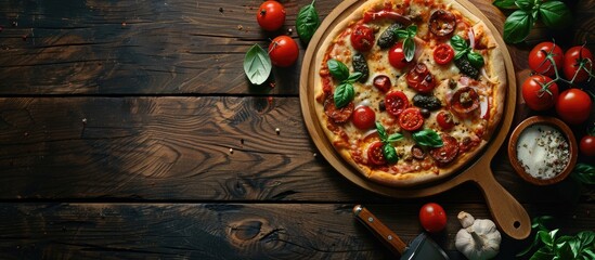 Aufkleber - A wooden pizza plate on a kitchen table offers a copy space image seen from above serving as a mockup