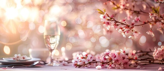 Poster - Cherry blossoms create a dreamy romantic landscape panorama on a spring themed table setting with a copy space image for banners