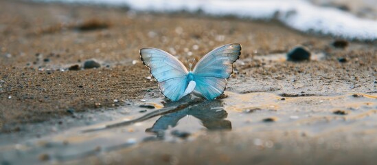 Poster - A tiny light blue butterfly shaped seashell on the damp sand with a blank space for adding an image. with copy space image. Place for adding text or design