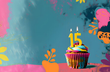 Birthday cupcake with number fifteen candle