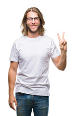 Sticker - Young handsome man with long hair wearing glasses over isolated background showing and pointing up with fingers number two while smiling confident and happy.