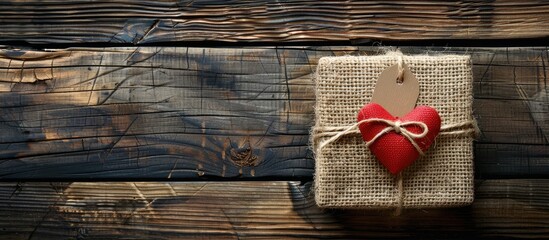 Poster - Vintage gift box with red heart craft paper wrapping tag on old wooden table background in a flat lay top view ideal for a copy space image