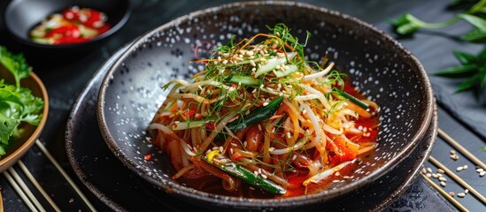 Aufkleber - Bean sprout namul presented as a dish with vibrant colors garnished beautifully for a stunning copy space image