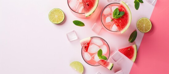 Poster - Watermelon lemonade cocktail with lime and watermelon slices on a chic white and pink background with space for text or images. with copy space image. Place for adding text or design