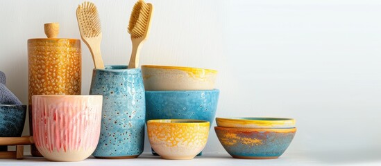 Leinwandbilder - Colorful ceramic bath accessories handmade displayed against a white background with copy space image