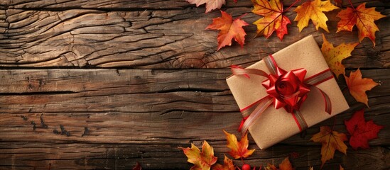 Poster - Autumn themed composition featuring a gift box maple leaves and a festive ribbon bow set on a rustic wooden table with copy space image perfect for autumn sale promotions