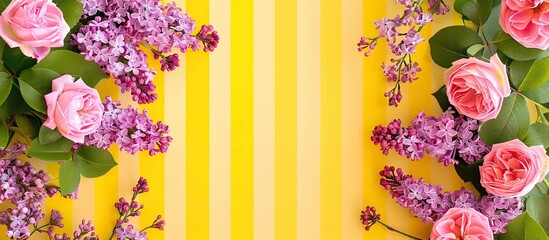 Wall Mural - Pink roses and lilacs border a striped yellow backdrop with a spot for your copy space image