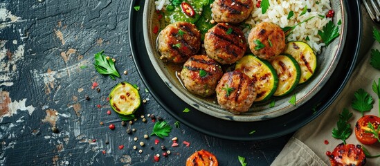Poster - Rustic keto or paleo diet meal featuring vegetable meatballs grilled zucchini rice and veggies on a plate a healthy snack option with copy space on a food background